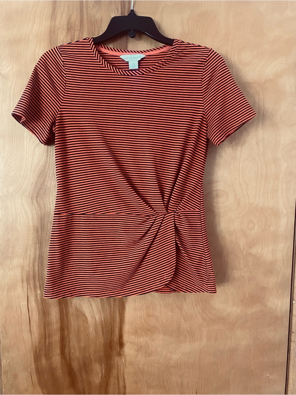 Liz Claiborne Twist-Front Short Sleeve Stripe Top - Orange and Black